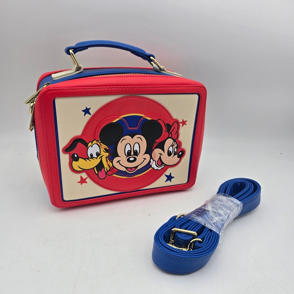 Loungefly Disney Mickey Minnie Pluto Lunch Box Crossbody Bag Red Blue Strap